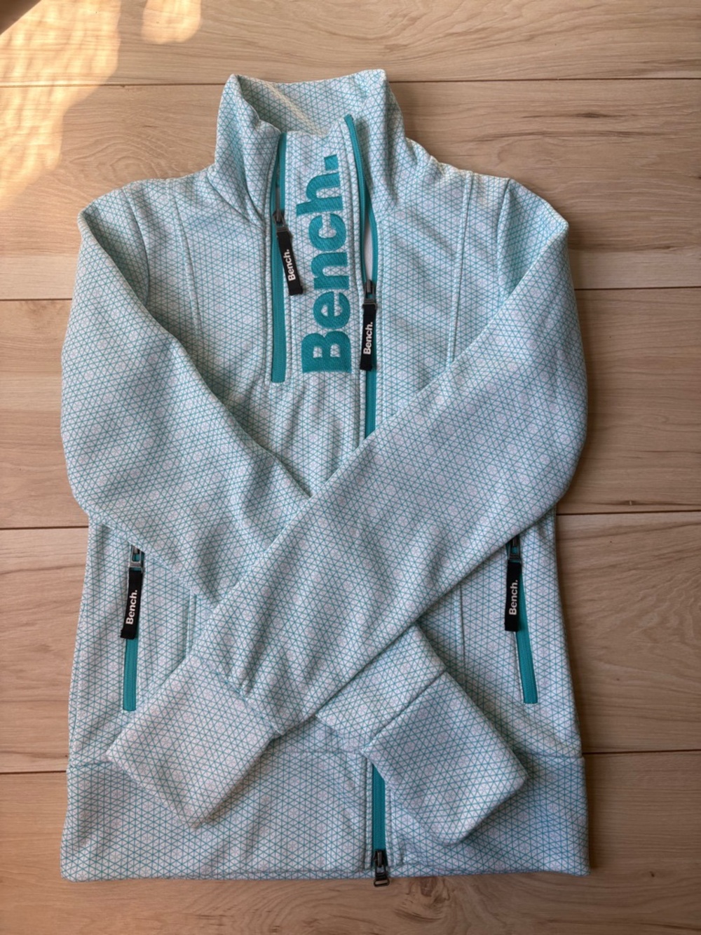Bench Zip Up Jacket Women Teal White Geometric Athletic Track Jacket M